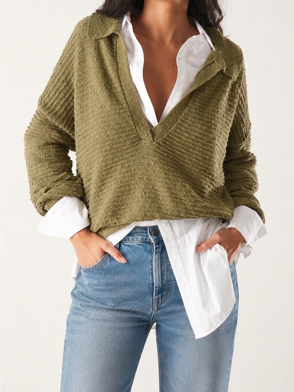 Free People Beach Olive collared Oversized knit top XS Casual All Season Boho